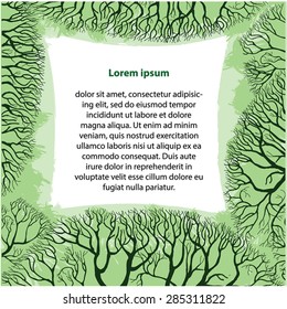 Decorative Forest Frame. Branches silhouette on green grunge paint leaf. Text place in center.Vector page design. Eps 10.