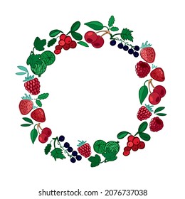 Bosque decorativo y bayas de jardín en forma de corazón aislado en blanco. Pancarta de amor por la cosecha estival para la decoración del vivero, afiches, pegatinas. Ilustración vectorial.