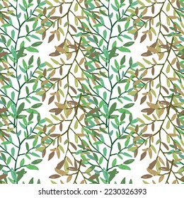Decorative forest twig endless wallpaper. Hand drawn branches with leaves seamless pattern. Botanical sketch background. Design for fabric, textile print, wrapping, cover. Vector illustration