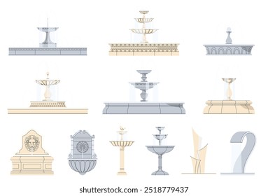 Fuentes decorativas. Diseño de plazas de ciudad, zona residencial. Hermosas fuentes con esculturas y agua que fluye. Ilustración vectorial