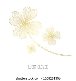 Decorative four leaf clovers, design elements. Can be used for cards, invitations, banners, posters, print design. Golden flowers