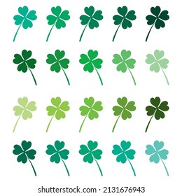 Decorative four leaf clovers, design elements. Can be used for cards, invitations, banners, posters, print design. Floral background. St Patricks day