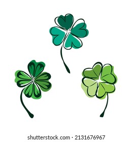 Decorative four leaf clovers, design elements. Can be used for cards, invitations, banners, posters, print design. Floral background. St Patricks day