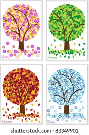 decorative four seasons trees,spring,summer,autumn and winter icon,color vector cards,creative computer graphic design,weather