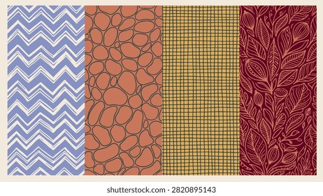 Decorative four-panel vertical composition with chevron pebbles grid and vine motifs