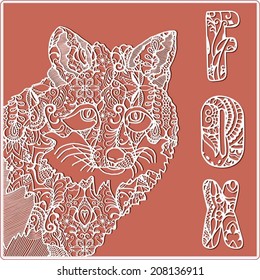 Decorative fox, detailed lace pattern, ethnic floral and geometric ornament, vector illustration