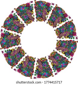 Decorative frame abstract drawing, round frame for printing cards, invitations and greetings. Kaleidoscope frame