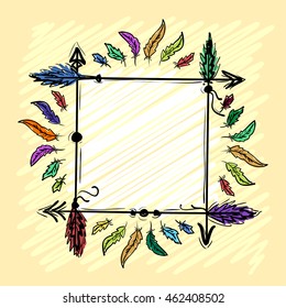 Decorative frame with arrows and feathers hand-drawn on a yellow background. Vector illustration