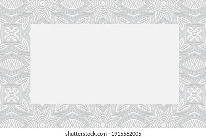 Decorative frame with artistic trendy ornament for text, advertising. Ethnic convex volumetric white embossed background of geometric shapes.
