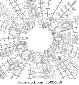 Decorative frame of artistically flowers. Pattern for coloring book.  Ethnic, floral, retro, doodle, vector, tribal design element. Black and white  background.