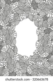 Decorative frame of artistically leaves.  Hand-drawn. Made by trace from sketch. Ink pen. Black and white background. Zentangle patters. A4 size