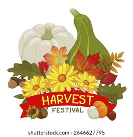 Decorative frame of autumn leaves, two pumpkins of different colors and shapes, flowers and nuts. Decorative borders. Harvest festival banner, poster, postcard, booklet template. Vector hand drawn ill