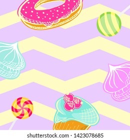 Decorative frame of baking and sweets. Cupcake, marshmallow, donut, lollipop, candy. Happy Birthday! Vector illustration for celebration theme. Banner template with copy space.