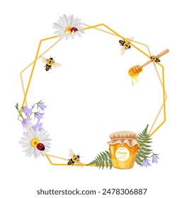 Decorative frame with bees, honey, wild flowers and ladybugs. Wreath with frame for your text.