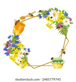 Decorative frame with bees, honey, wild flowers and ladybugs. Wreath with frame for your text.