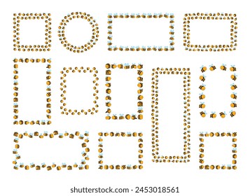 Decorative frame from bees. Striped insect. Vector drawing. Collection of design elements.