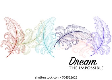 Decorative Frame with bird feathers. Dream the impossible.