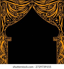 A decorative frame with a black background resembling a gate with elegant orange floral motifs