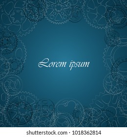 Decorative frame with black and white outlined cogwheels ornament. Empty space in center for text label or menu. Dark blue square vector illustration with cogs and gears border.