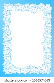 Decorative frame, border composed of hand-drawn white clouds for your design. Vertical composition.