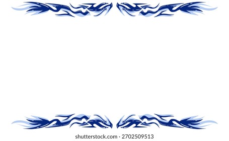 A decorative frame or border composed of symmetrical, abstract blue patterns. The design resembles tribal tattoos or stylized flames, isolated on a clean white background with copy space.