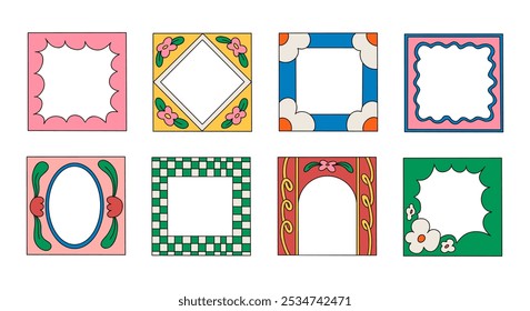 Decorative Frame and Border Design Bundle. A set of 8 unique decorative frames featuring playful, floral, abstract, and retro-inspired designs. Perfect for enhancing photos, invitations, social media