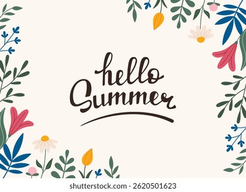 Decorative frame, border with flowers - tulip, leaves, lilies. Vector. Hello summer lettering. Doodle style. Horizontal Copy space, design template. Hand drawn summer flowers and foliage