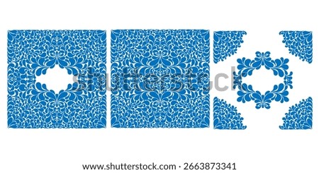 Decorative frame and border in folk style. Vector design. Elegant decorative frame and border elements in baroque style. Includes corner elements, rectangular frame and central ornament

