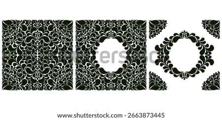 Decorative frame and border in folk style. Vector design. Elegant decorative frame and border elements in baroque style. Includes corner elements, rectangular frame and central ornament. 
