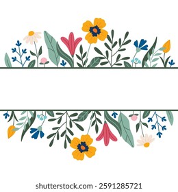 Decorative frame, border, frieze with flowers - poppies, tulips, leaves, lilies, daffodils. Vector. Doodle style. Copy space, design template. Hand drawn spring and summer flowers and foliage