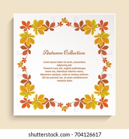 Decorative frame with border ornament of yellow autumn leaves, label, ornate square card for fall season design, vector invitation or announcement template, eps10