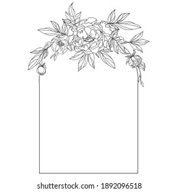 Decorative frame with a bouquet of peonies drawing with one black line. Vector illustration