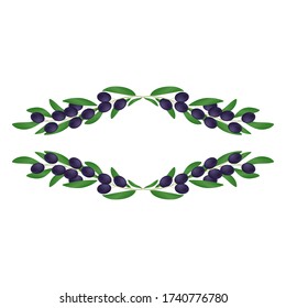 Decorative frame of branches of black olives with leaves on a white background. Design element for print and web.
