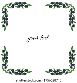 Decorative frame of branches of black olives with leaves on a white background.