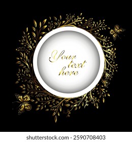 Decorative frame with butterflies. Golden elegant round frame. hand drawn. Not AI, Vector illustration.