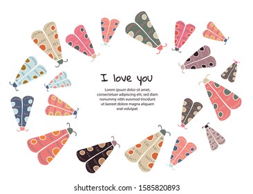 Decorative frame with butterflies moth on white background. Scandinavian style background. For modern and original textile, wrapping paper for kids, postcards, invitations, posters