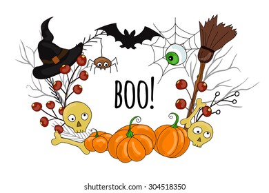 Decorative frame with cartoon Halloween elements, pumpkins, witches hat,  spider, eyes, skull, brooms and branches. It can be used for postcards and invitations to a party .