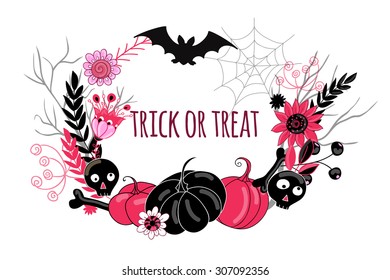 Decorative frame with cartoon Halloween elements, pumpkins, flowers and branches. It can be used for postcards and invitations to a party .