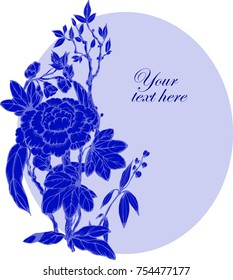 Decorative frame in the chinoiserie style with blue peonies on blue background for wedding, scrapbooking, wallpaper and other design. Card design.