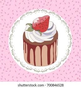 Decorative Frame with Chocolate Cake and strawberry on top. Pink design background.