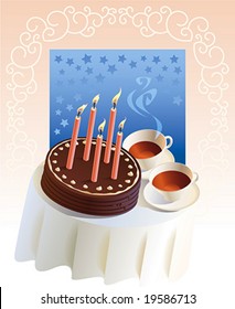 Marco decorativo con la tarta de chocolate y dos tazas de té.