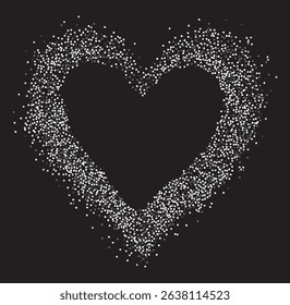 Decorative frame of circular gray particles, heart shaped powder. Perfect for love-themed and romantic designs, the artistic arrangement conveys charm and elegance with heart-shaped elements.