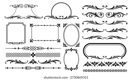 Dekorativer Rahmen. Klassisches, elegantes Ornament. Vintage-Rahmen für Karten und Poster. Lineare Verwirbelungen und Teiler. Kalligraphie gedeiht. Postkarten-Retro-Element. Victorian elegantes Design Grafikset