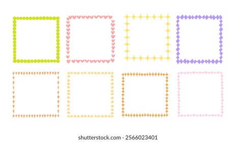 Decorative Frame Collection Vibrant Pattern. A collection of 8 decorative square frames with bold patterns, featuring hearts, flowers, stars, and geometric shapes in pastel and vibrant colors