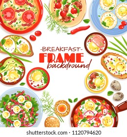 Decorative frame with colorful egg dishes for breakfast top view on white background flat vector illustration