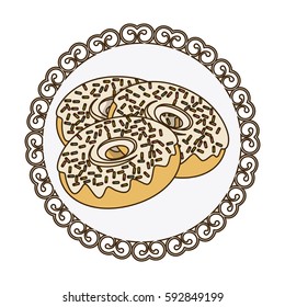 decorative frame with colorful silhouette set donuts with glazed and sparks vector illustration