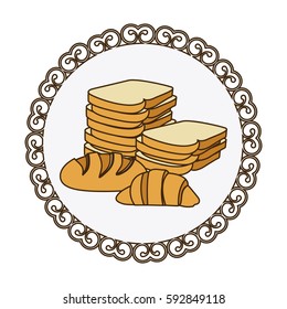 decorative frame with colorful silhouette stack slices bread and croissant vector illustration