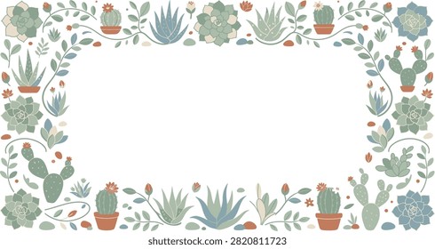 A decorative frame composed of various succulent plants and cacti in a flat, cartoonish style. The plants are arranged around a central empty space, creating a border. Colors are muted greens, blues, and terracotta.
