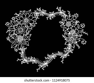 Decorative frame composition with, flowers, ornate elements in doodle style. Floral, ornate, decorative design elements. Black and white background. coloring book page