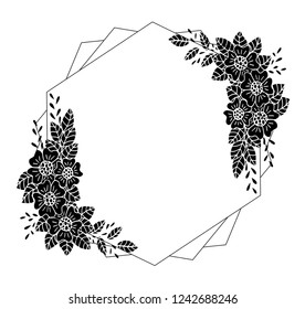 Decorative frame composition with, flowers, ornate elements in doodle style. Floral, ornate, decorative design elements